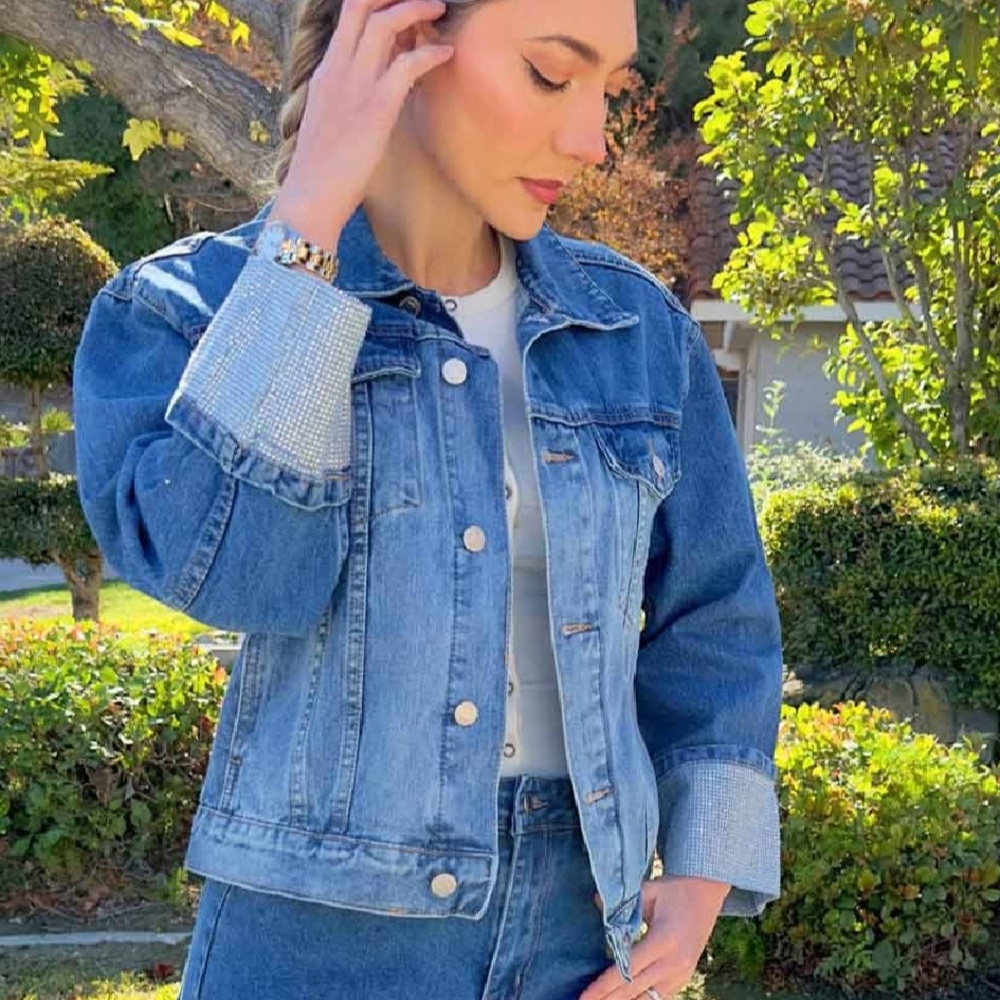 Classic Blue Denim Jacket With Rhinestone
